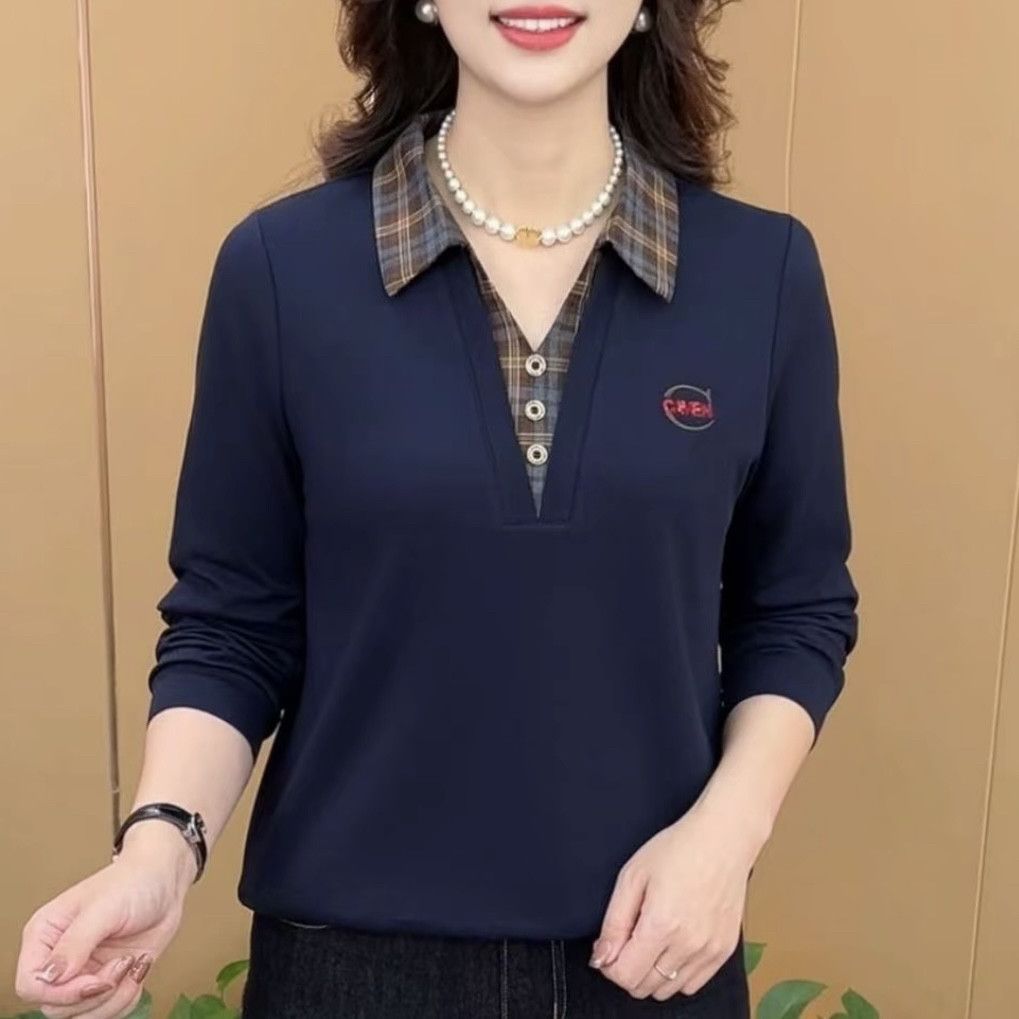 秋季新款时尚翻领假两件气质妈妈装休闲减龄显瘦长袖百搭上衣