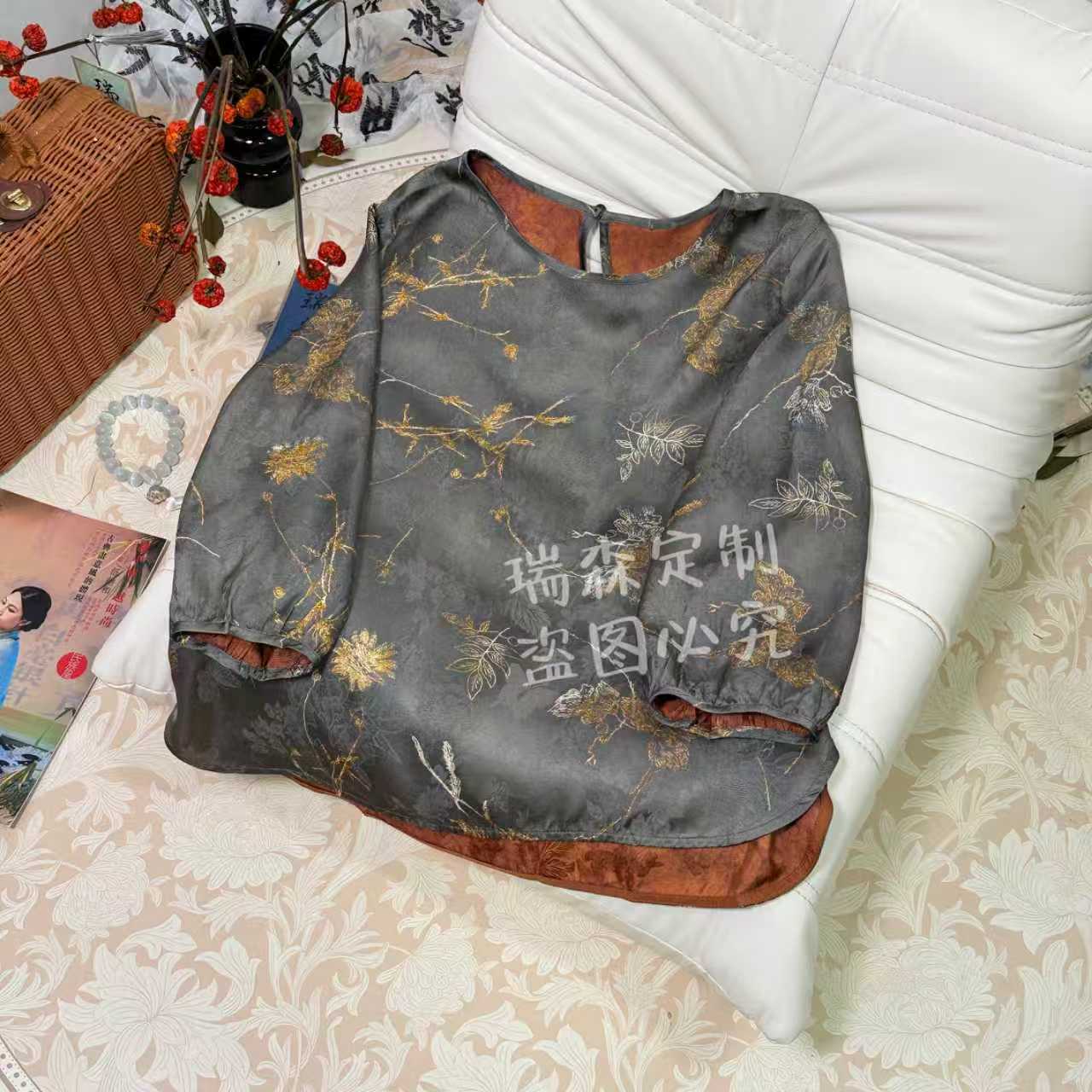 768 中式国风圆领祥云老料T恤上衣百搭气质-胸围106-前长60后长63