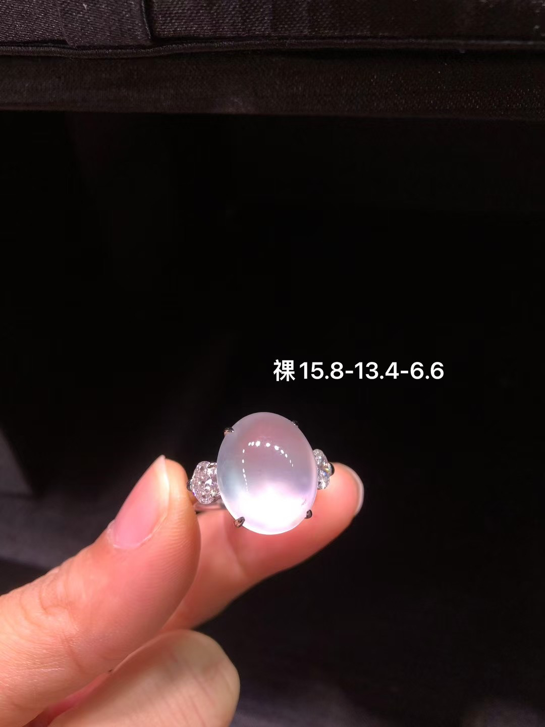 天然缅甸A货翡翠白冰蛋面18k金镶嵌戒指尺寸15.8/13.4/6.6