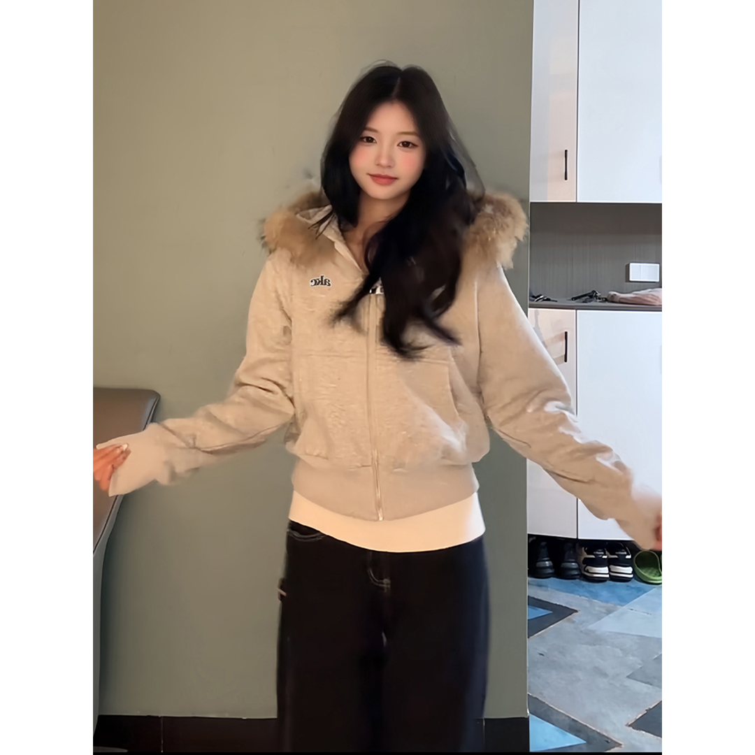 YWBY美式复古毛领灰色连帽卫衣外套女设计感秋冬款时尚短款上衣 