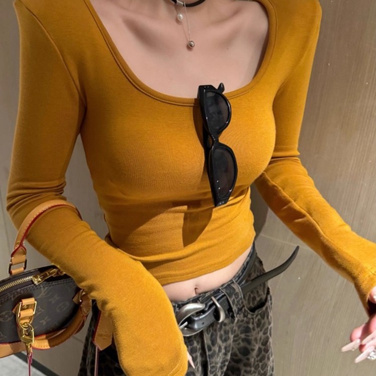 （现货+8个色）~带垫肩 纯欲U领长袖t恤打底衫女2025秋辣妹修身上衣