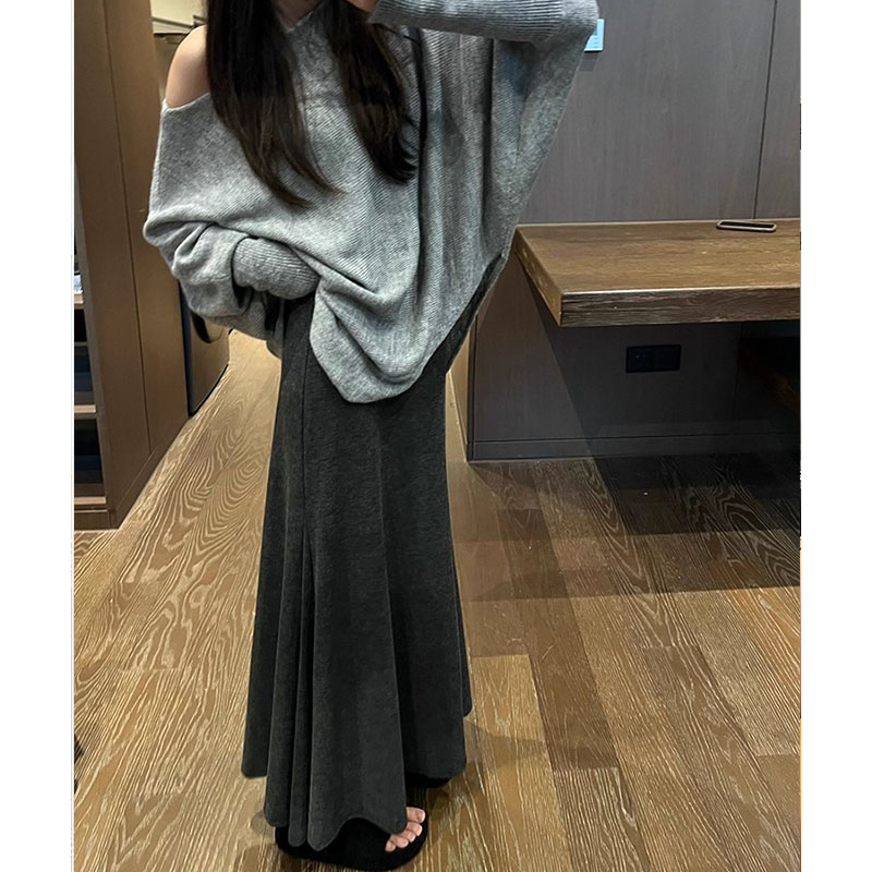 慵懒松弛感软糯深灰色半身裙女夏秋季新款高腰垂感休闲a字长裙子