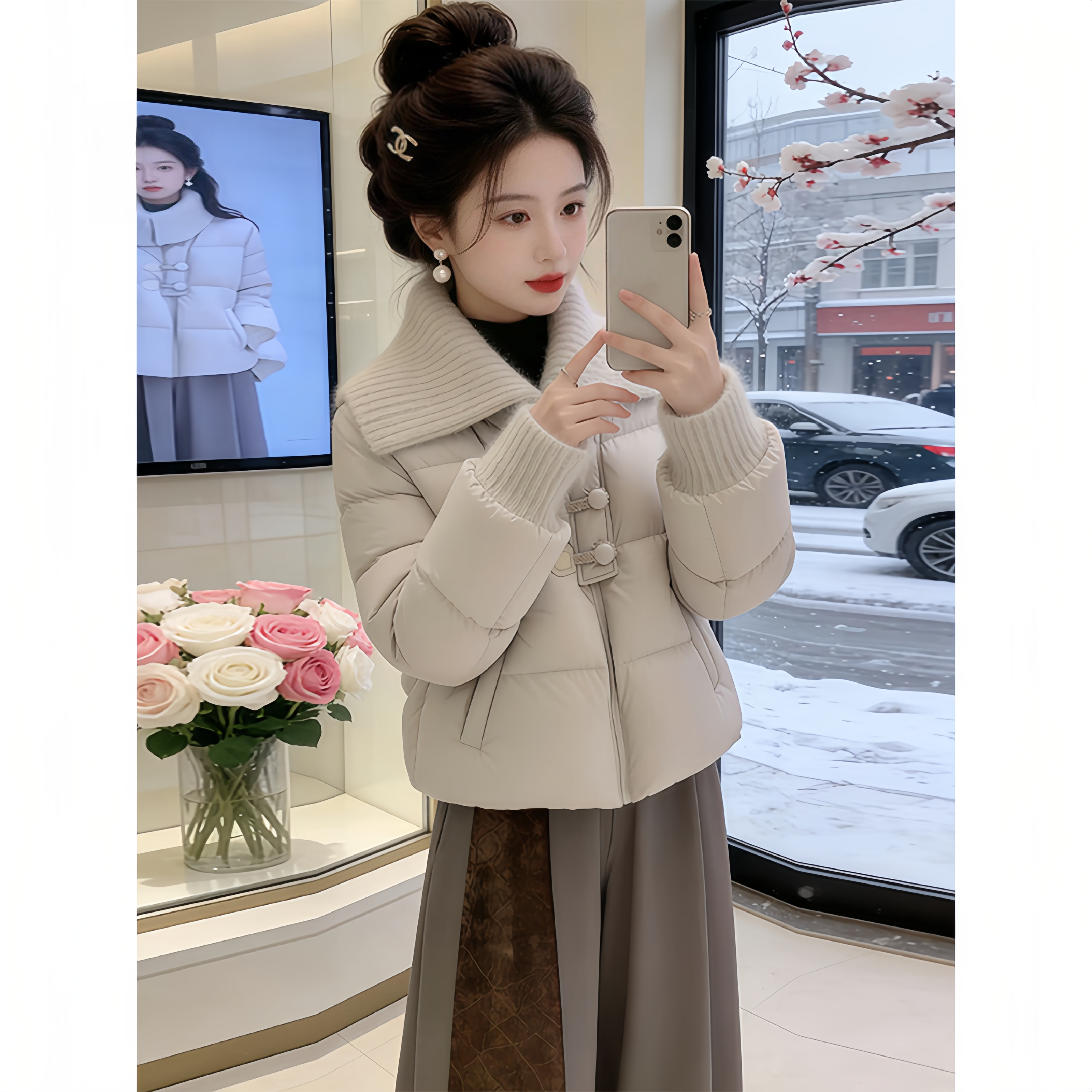 香朵儿【首尔记忆】针织拼接翻领棉服女冬高级感减龄设计感外套