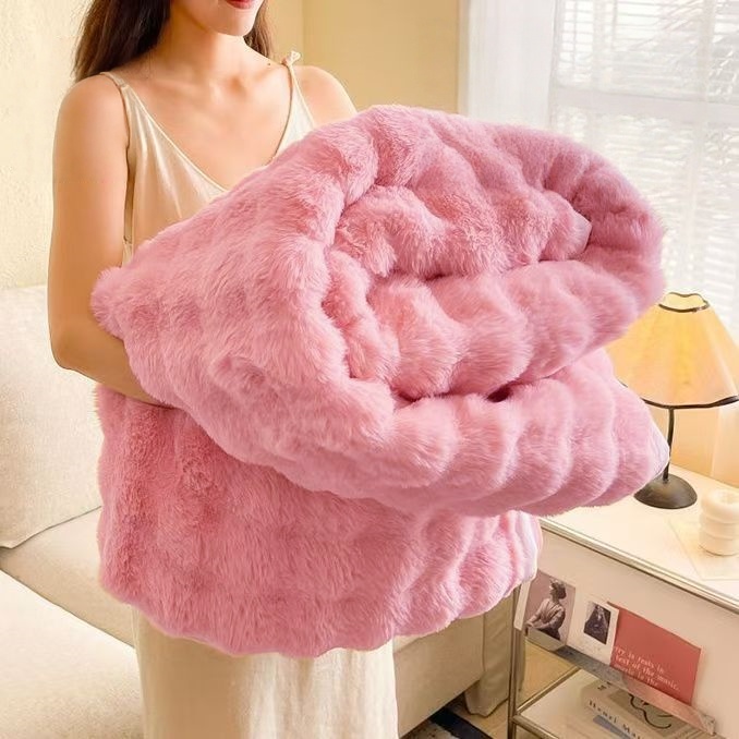 【试睡三十天】双人粉色大兔毛绒通用毛毯纯色双面ins风
