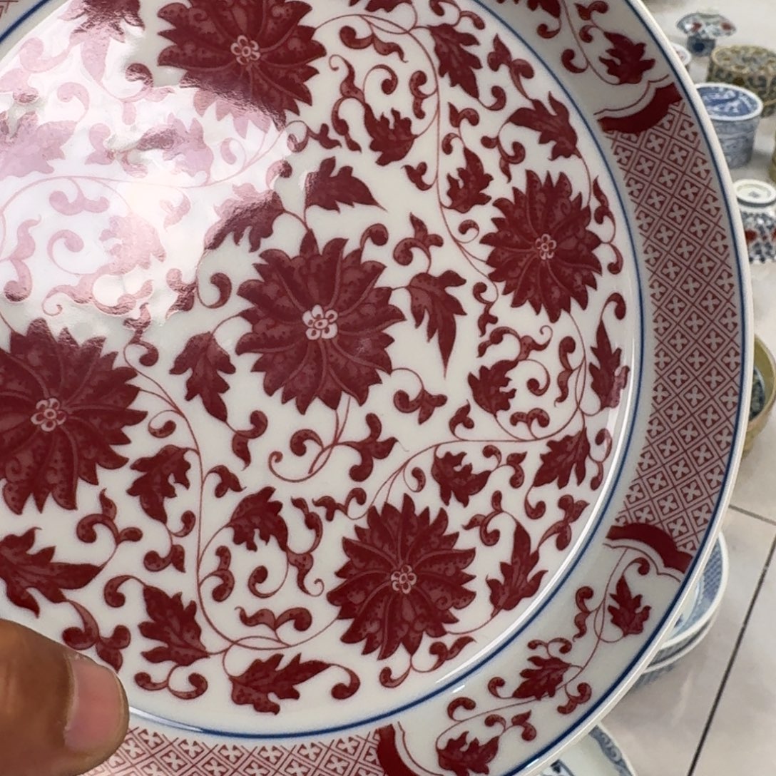 摆件陶釉里红缠枝莲大壶承全红