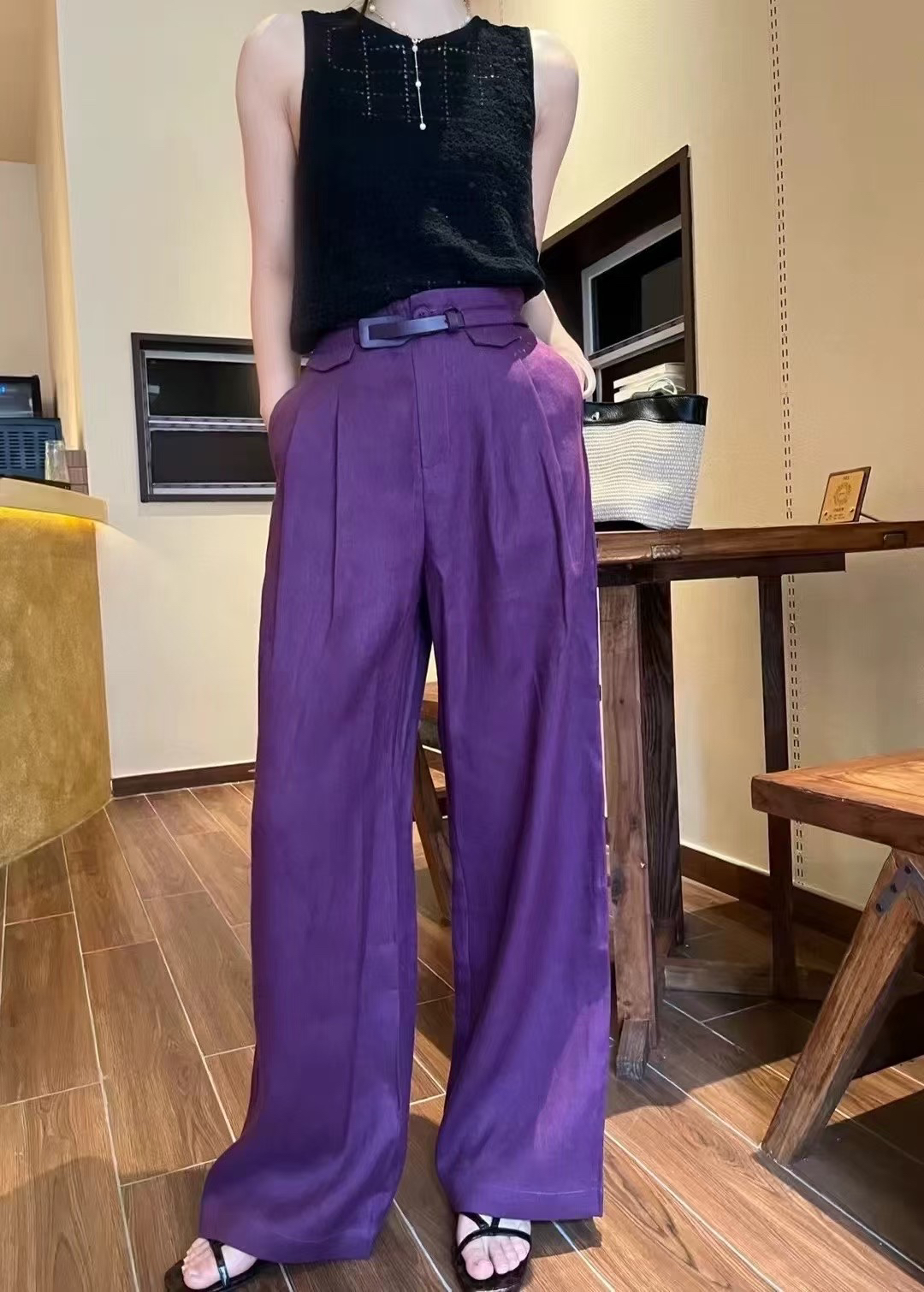 853/高腰垂感天丝亚麻直筒裤休闲阔腿裤/欧盼全品
