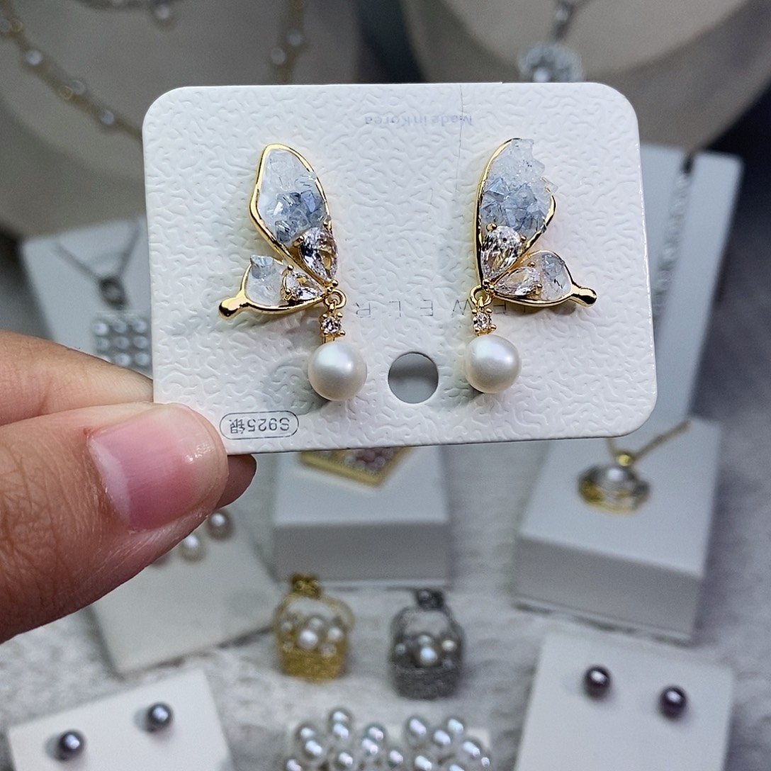 耳饰银S925镶嵌淡水珍珠