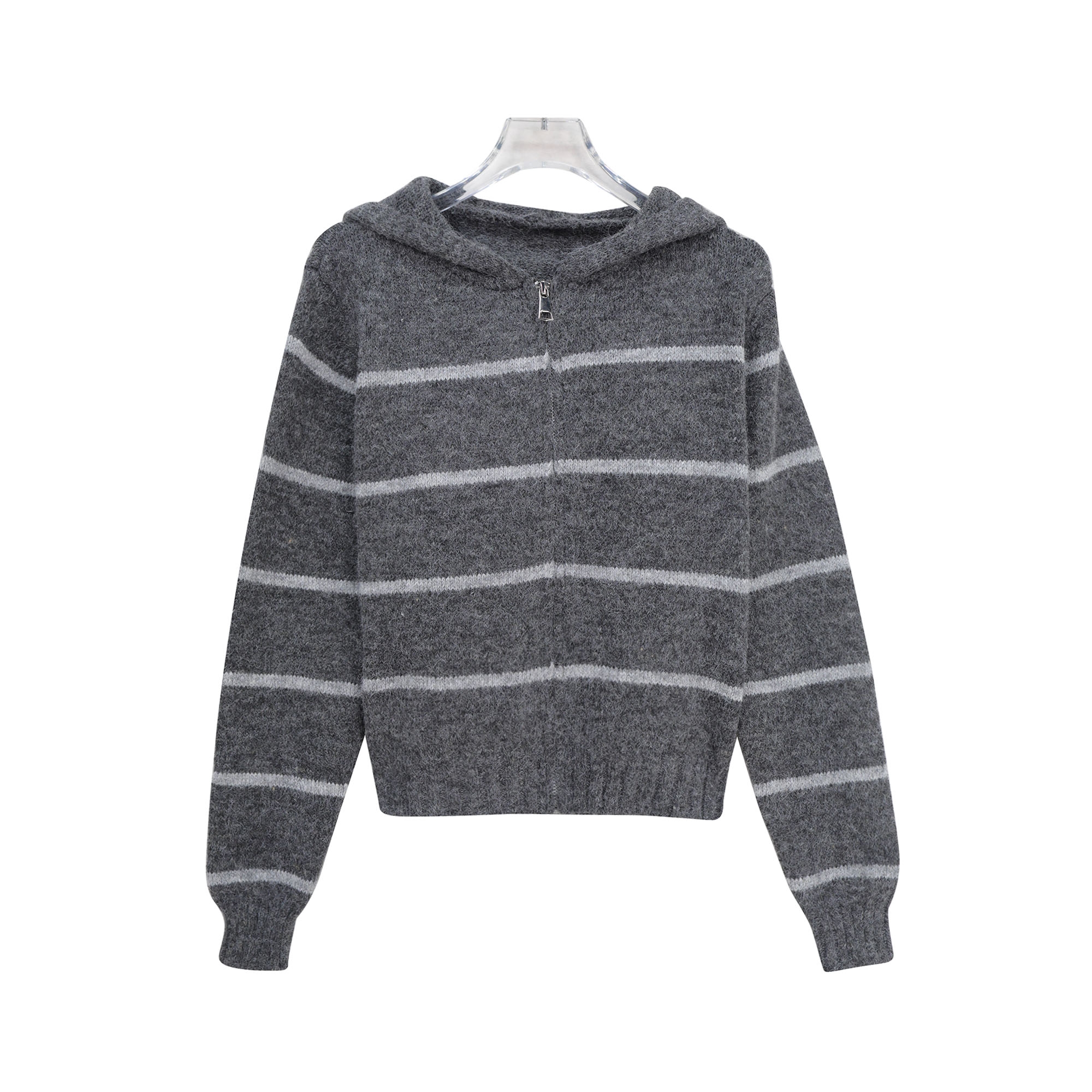 慵懒软糯风连帽拉链短款条纹针织开衫X27816