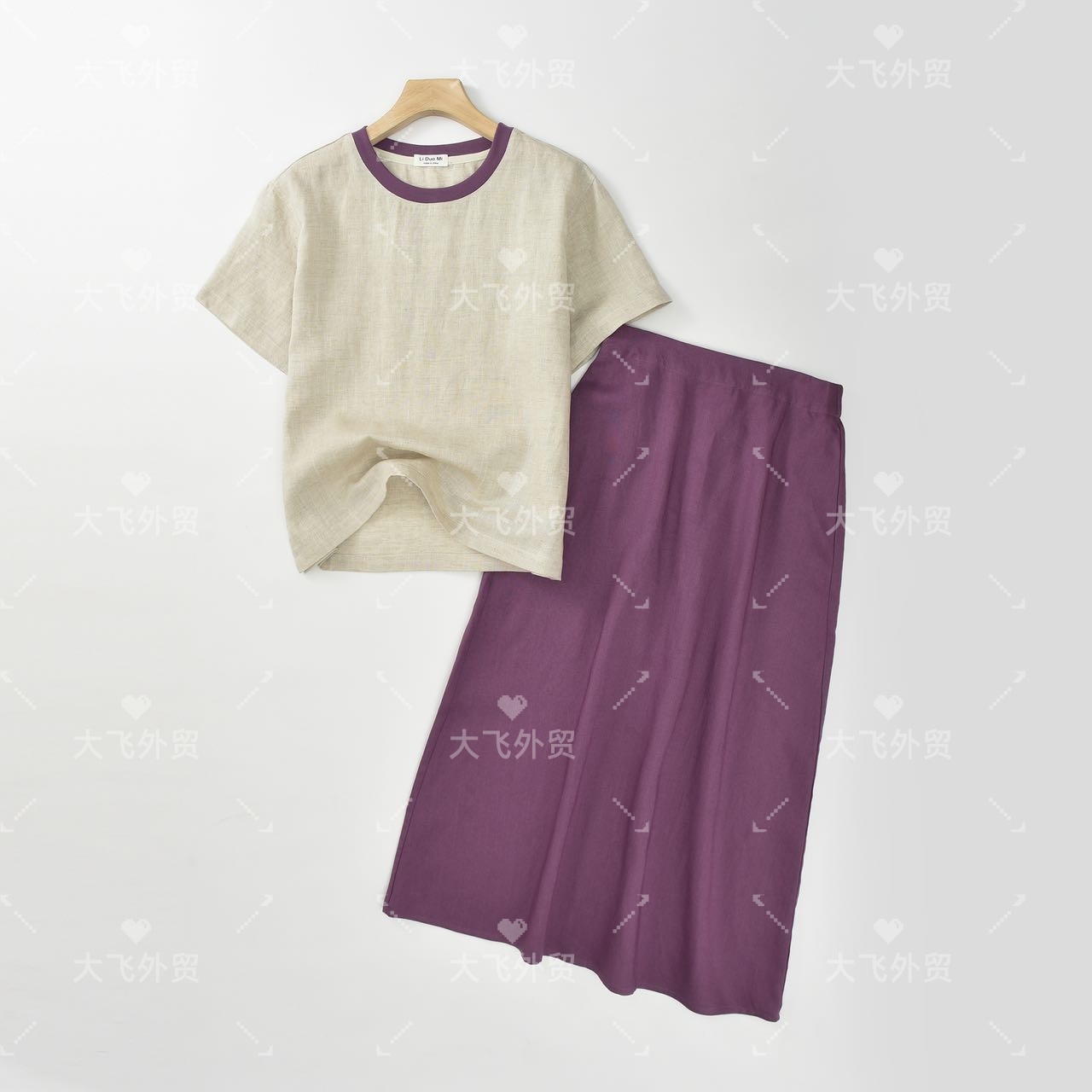 【天丝亚麻&撞色拼接亚麻套装】夏季撞色拼接亚麻短袖+半身裙DF012