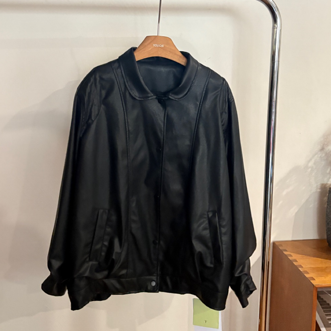 厚款春季娃娃领时髦美式立领皮衣韩版短外套女士韩系