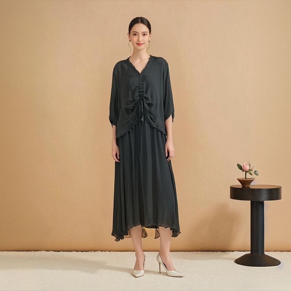 A008夏季百搭夏季新款轻奢连衣裙薄款贝果复古风休闲设计师时尚