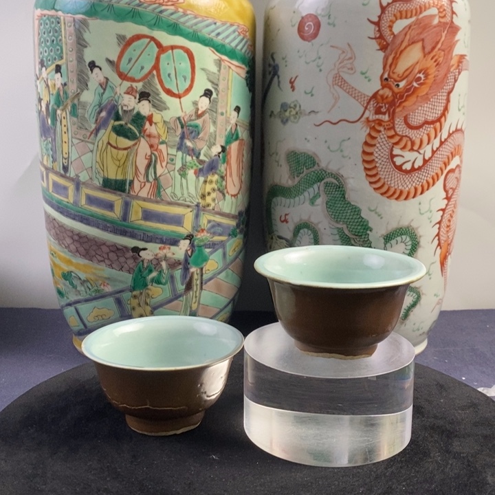 杯子陶6949瓷器—内青花外紫金釉杯一对