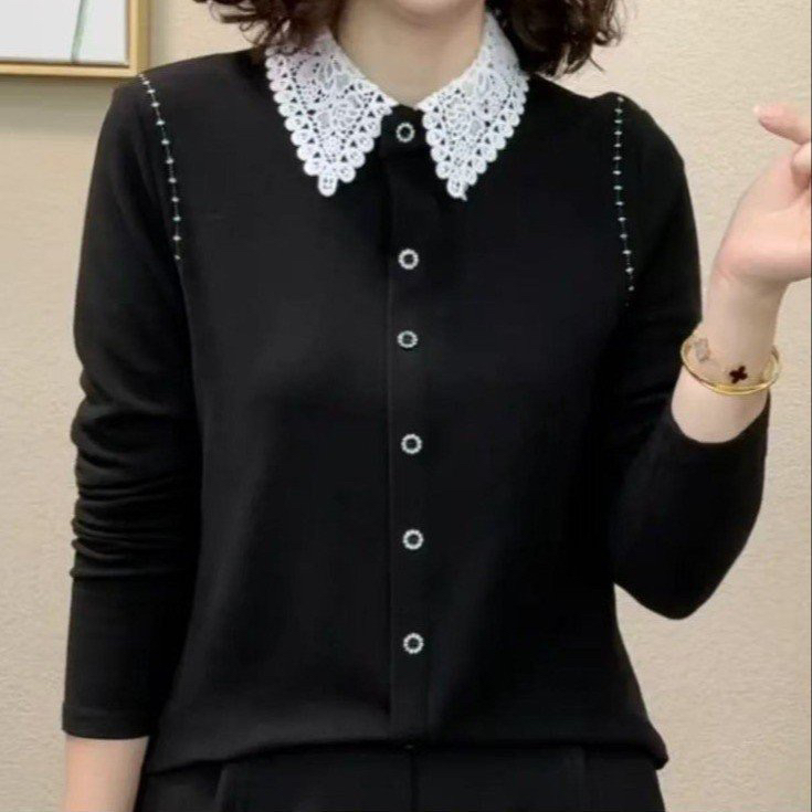 2025秋冬新款洋气时尚百搭气质蕾丝翻领拼接保暖打底上衣小衫#