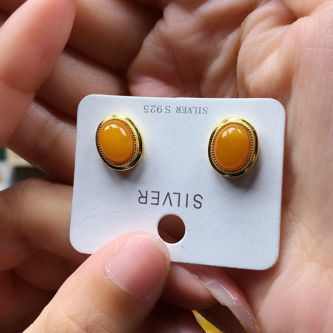 蜜蜡耳饰银S925镶嵌耳钉