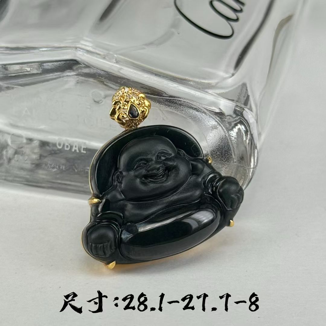 精品18k墨翠大肚佛吊坠 种好色正 黑度好 打灯通透 油性十足 