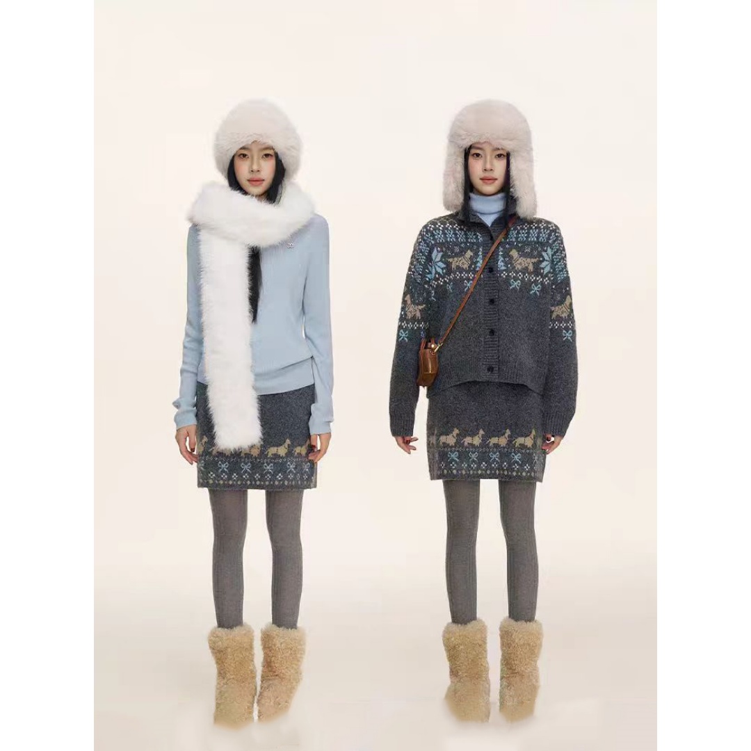 费尔岛撞色提花针织开衫短裙套装22735#