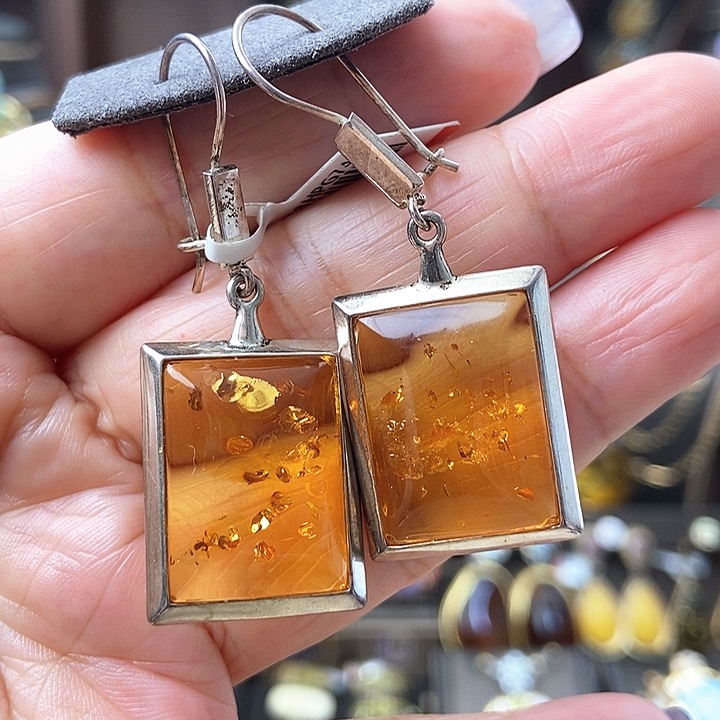 琥珀耳饰银S925镶嵌耳环