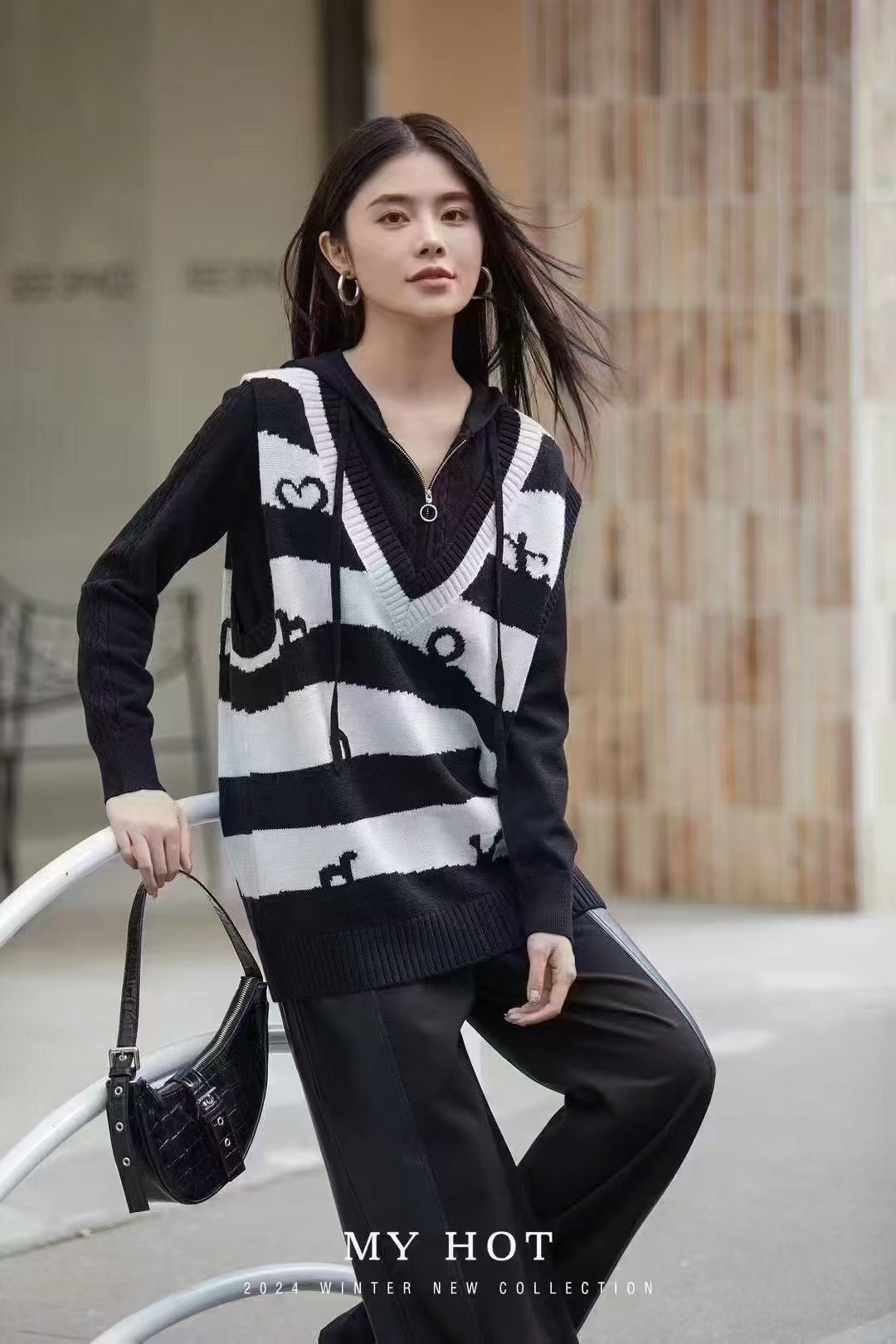 「华家曼品牌」黑白针织马甲时尚款