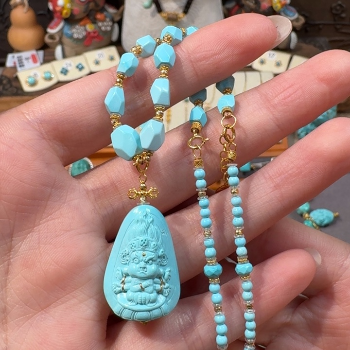 绿松石18K金镶嵌项链宝宝大黑天