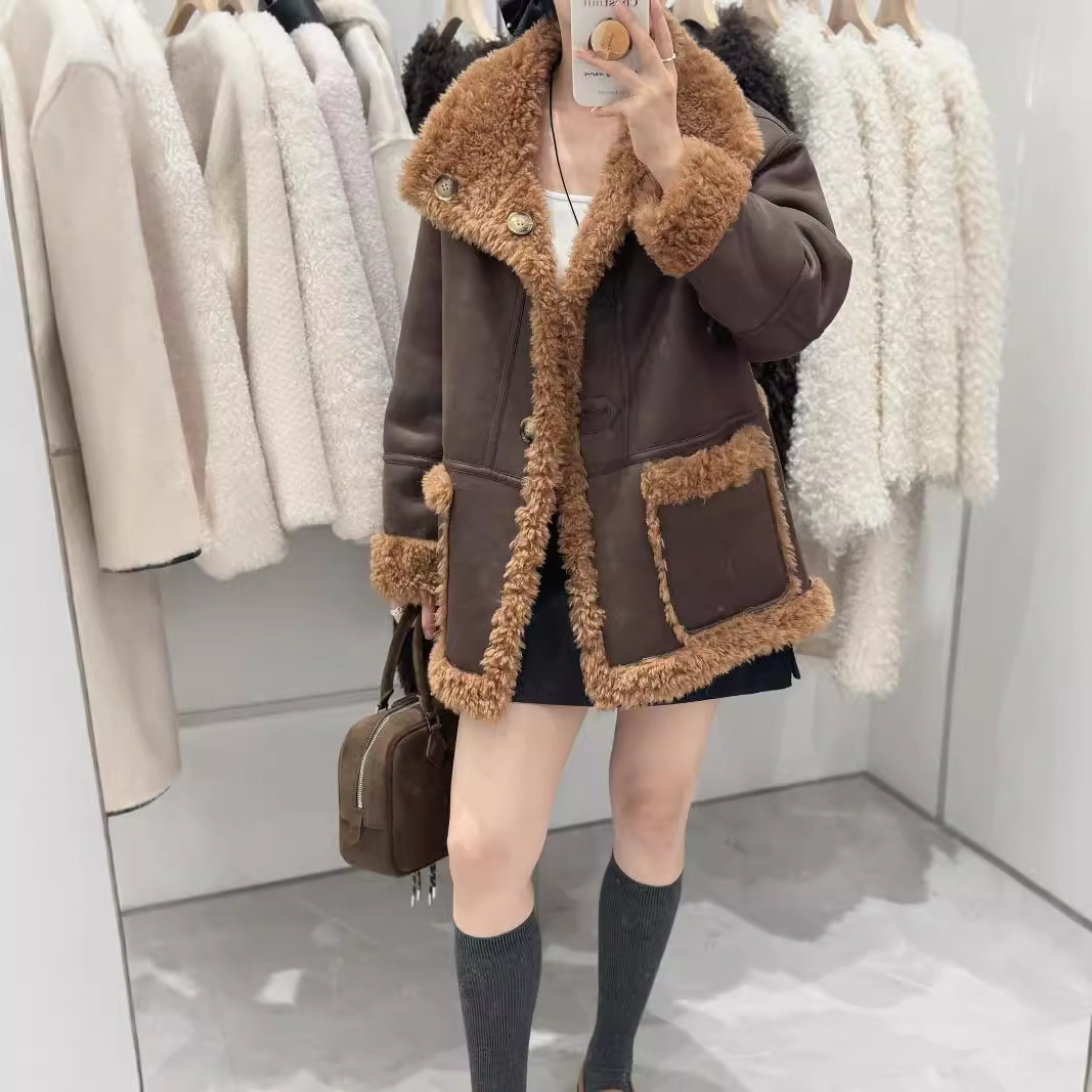 2024秋冬新款羊羔毛麂皮绒皮毛一体外套女中长款皮草大衣两面穿