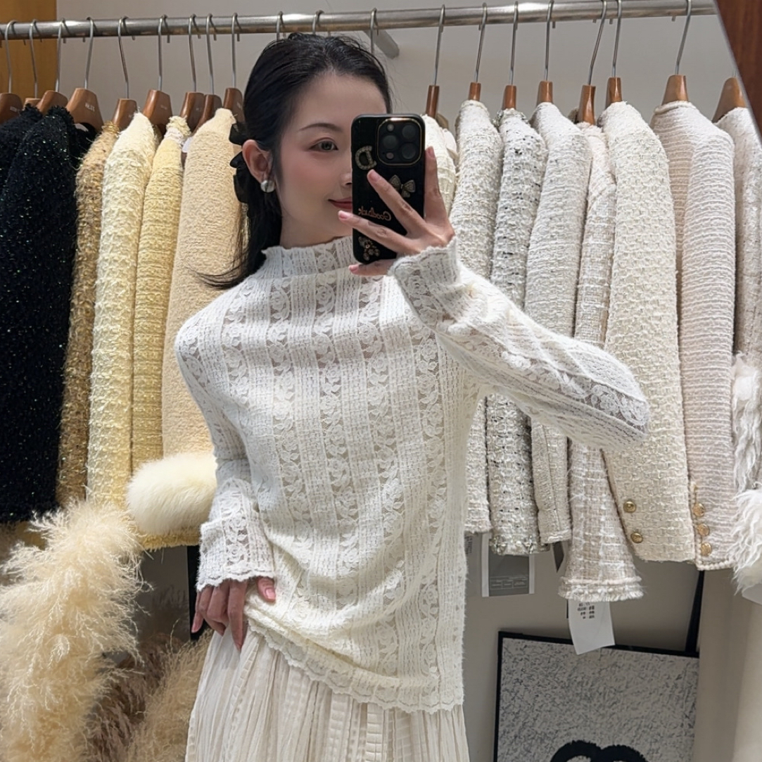 白栀初恋镂空钩花磨毛蕾丝半高领长袖小衫女气质百搭内搭上衣