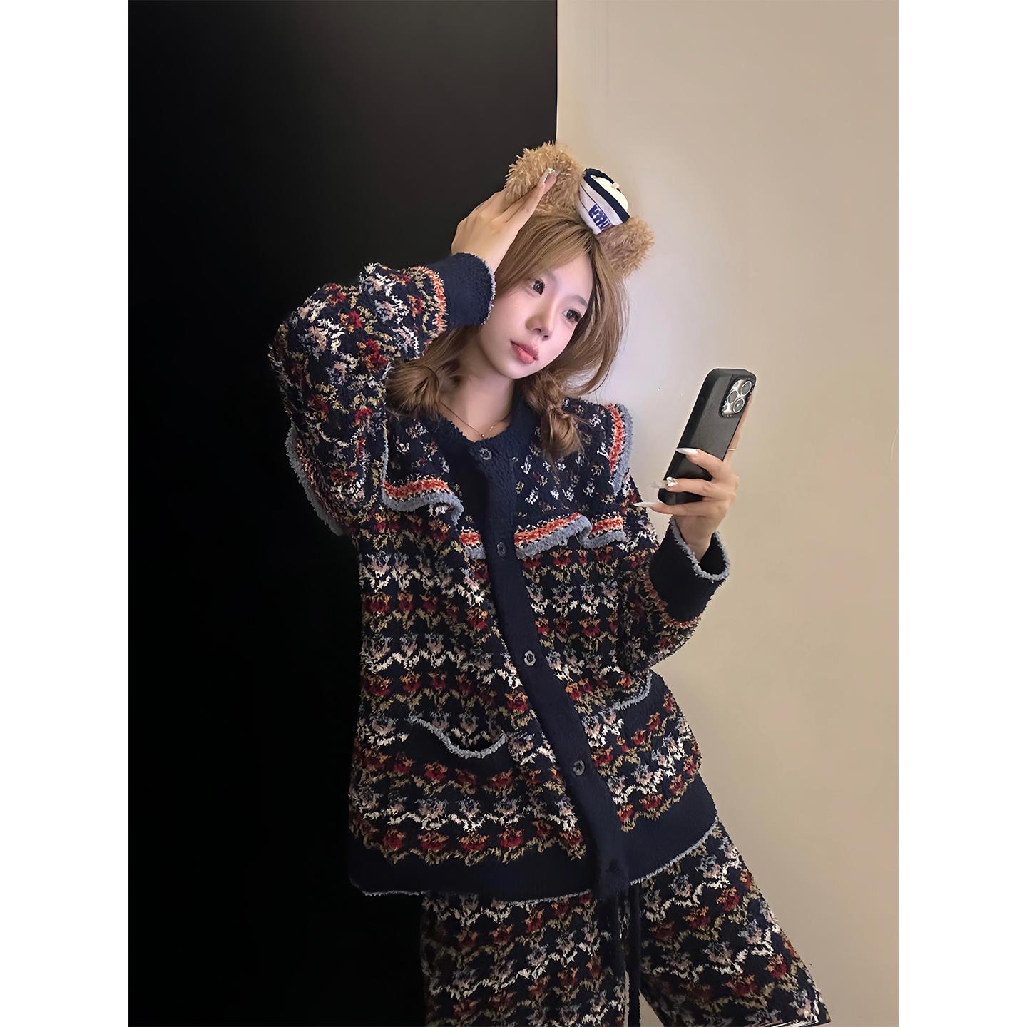 复古少女民族风设计感半边绒睡衣女冬季加厚加绒半边绒冬季睡衣