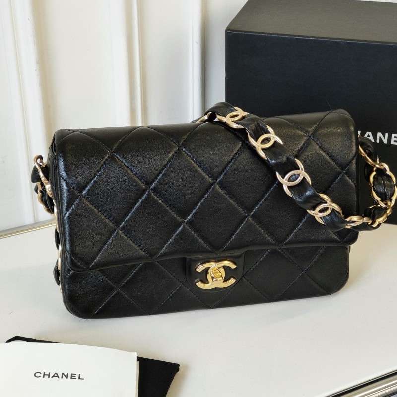 95新 Chanel/香奈儿 Azul-24K黑金羊皮大号CF粗链腋下单肩包51940