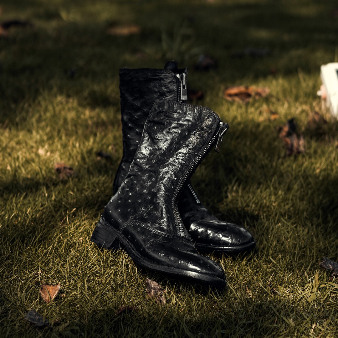 复古做旧真皮女士低跟切尔西靴310w鸵鸟皮前拉链女软皮圆头短靴