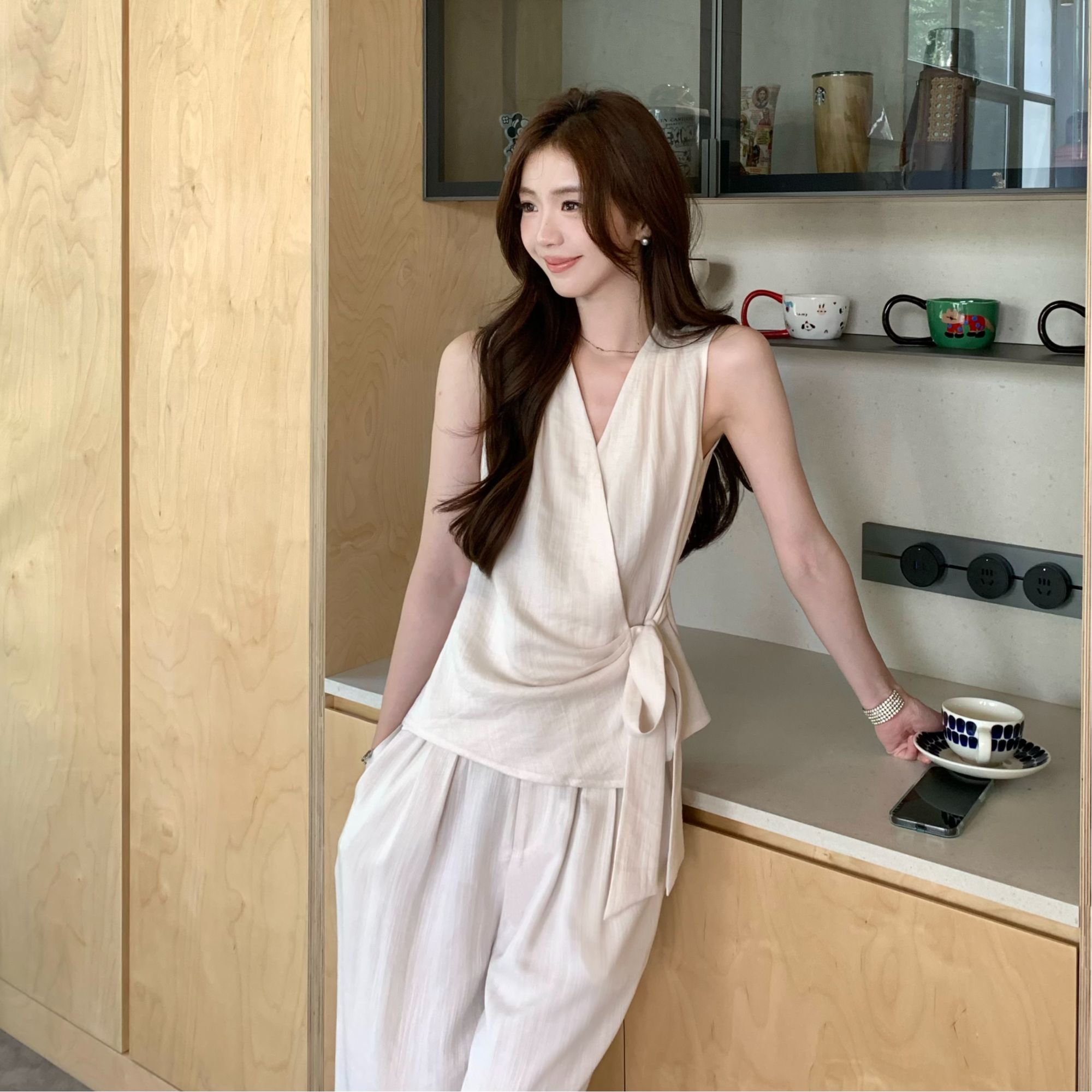 【LILYLIKES】杏色亚麻天丝肌理感气质女人味绑带上衣长裤套装