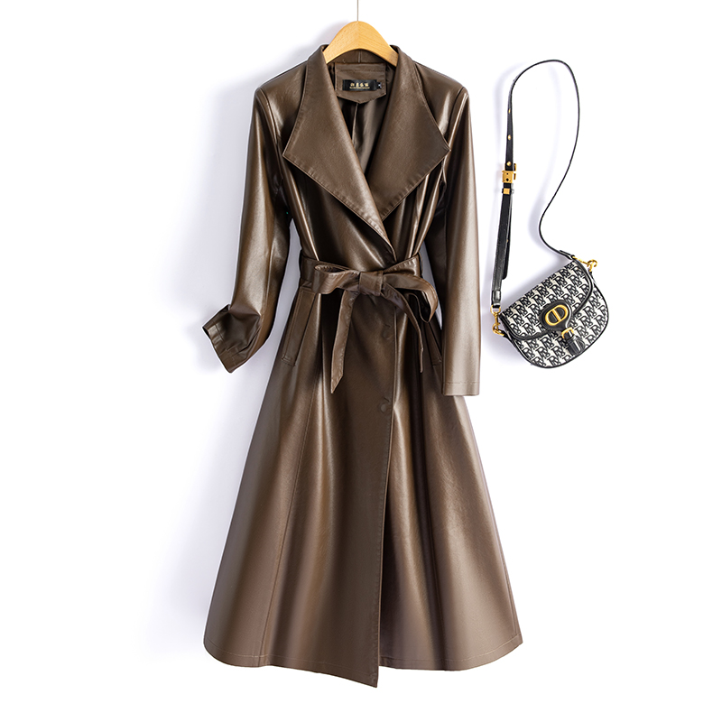 海宁真皮风衣 长款皮衣加长风衣外套时尚显瘦系带CZYL-1907#