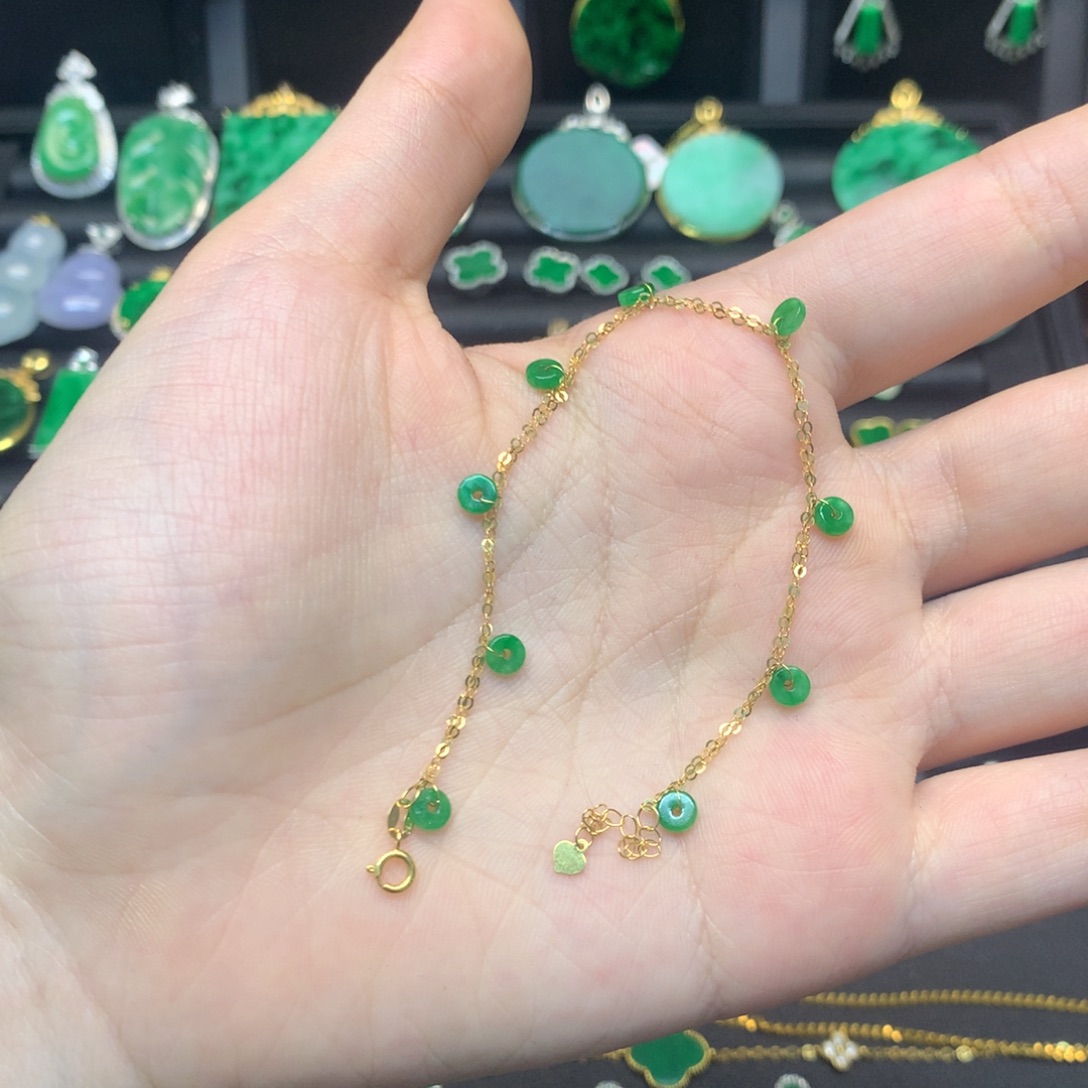 翡翠18K金镶嵌手链有纹裂