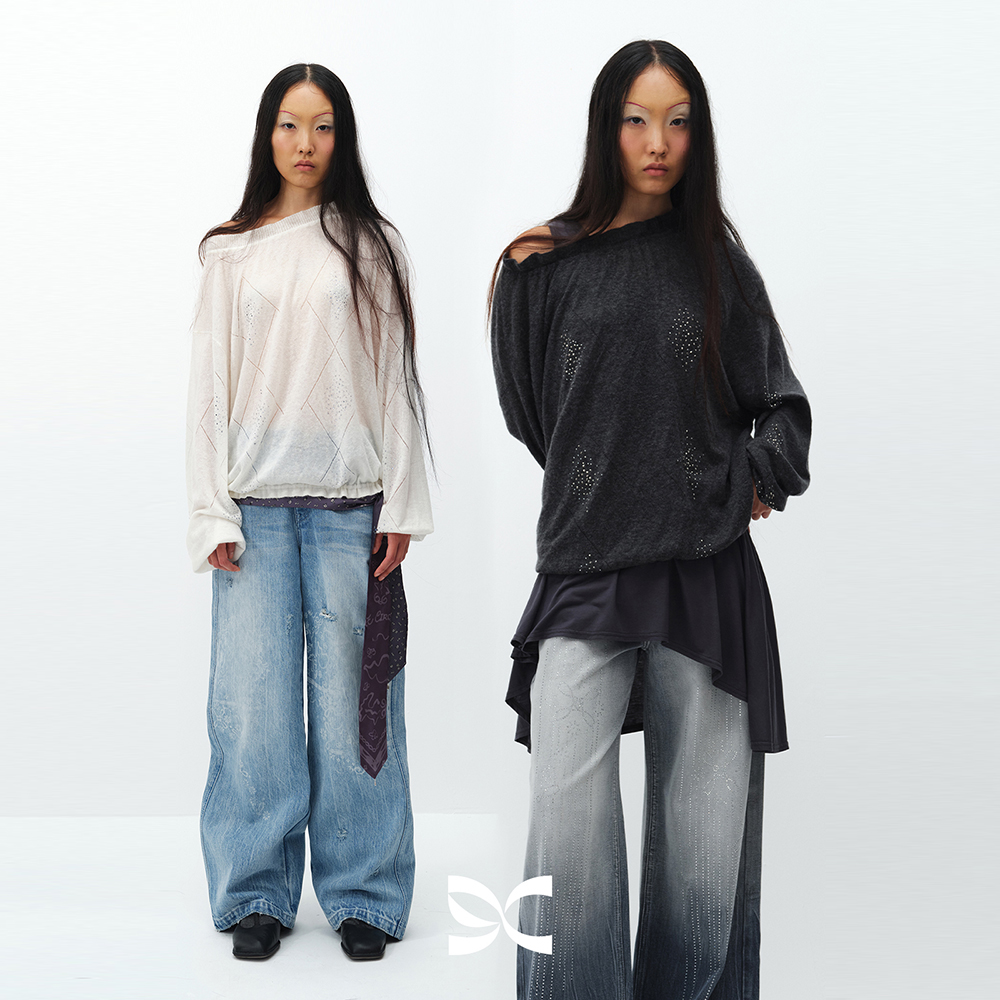 SquarecircleCo方圆 斜肩一字领烫钻微透慵懒堆感毛衣 DY5S37016