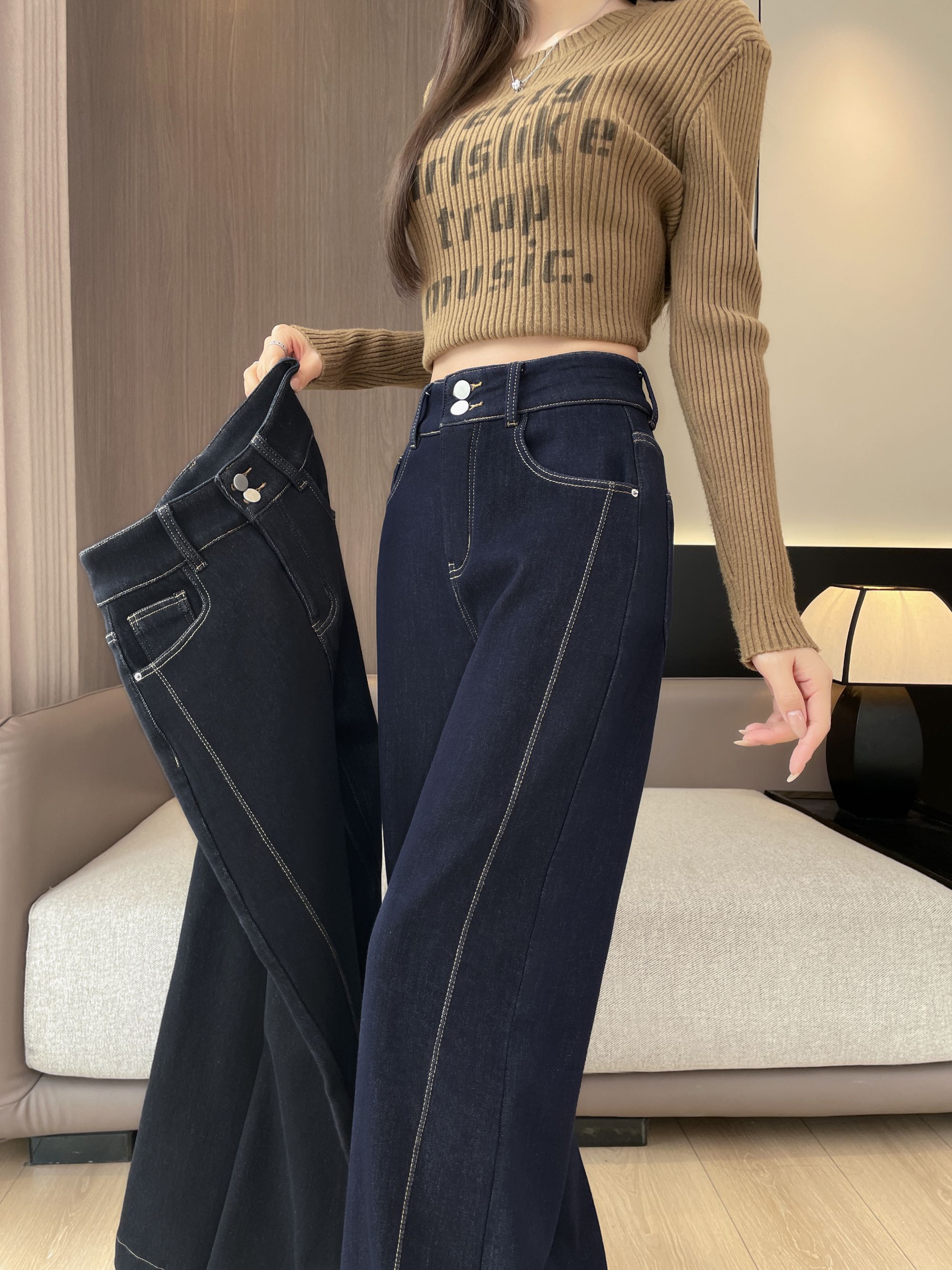 高个子大码牛仔裤女微阔拼接款加绒加厚高腰弹力显瘦拖地裤黑金