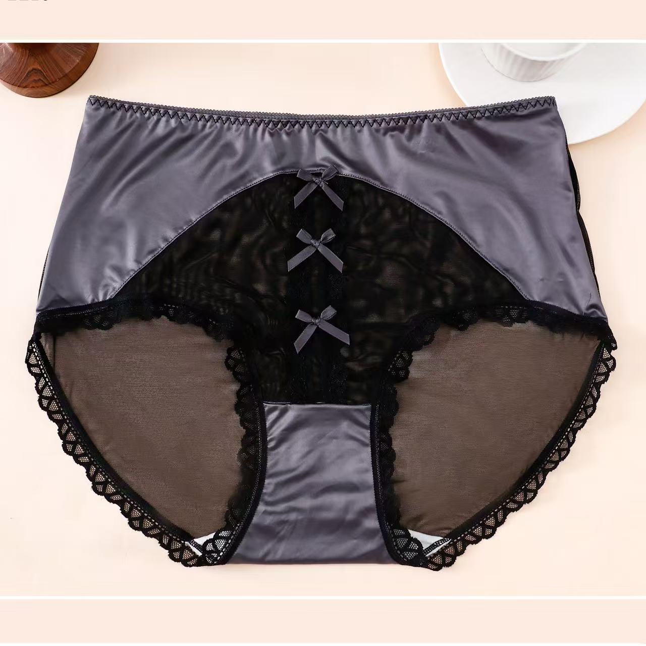 140-200性感大码网纱内裤女士镂空透气蕾丝高腰蝴蝶结复古风