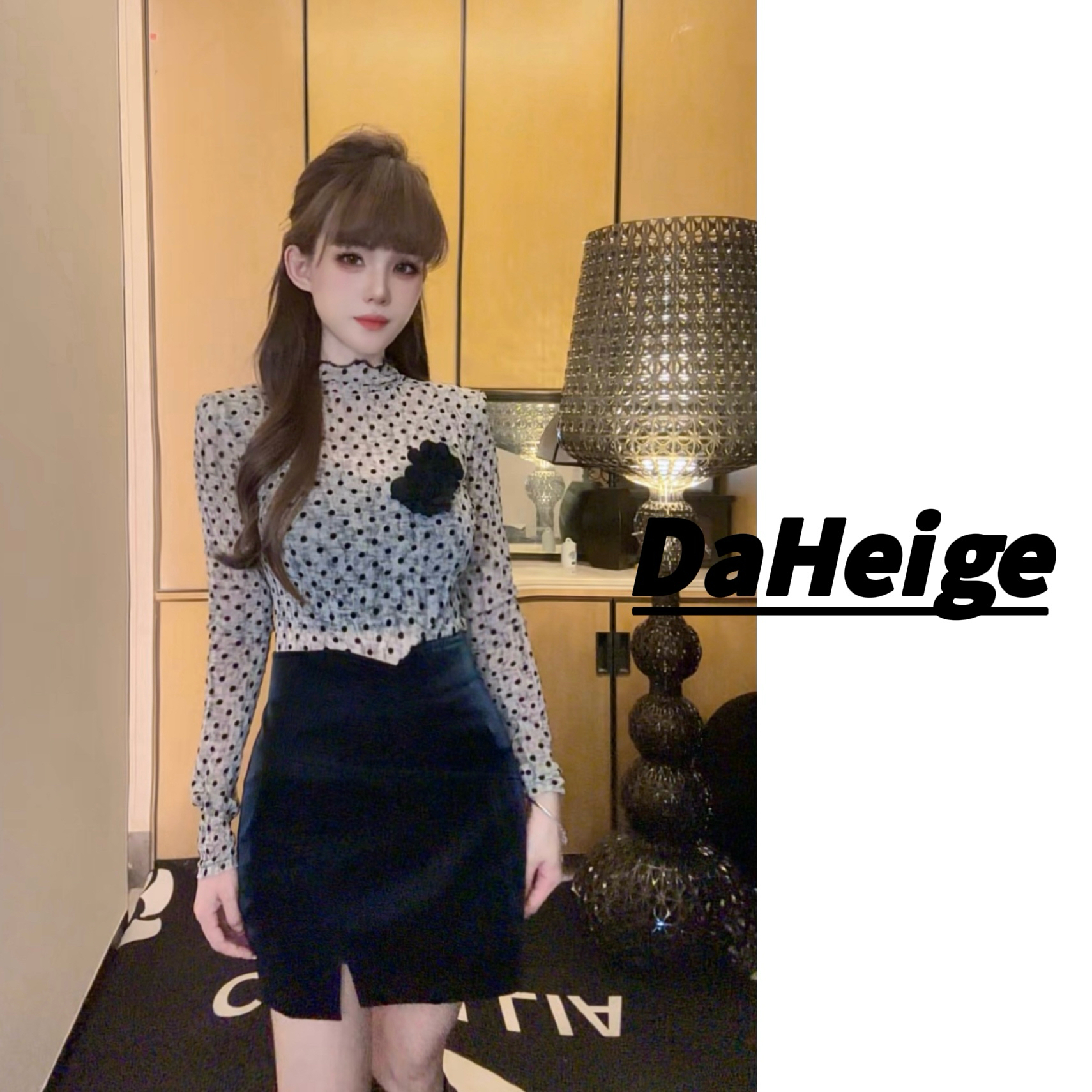 【D.hge】1042#早秋新款时尚穿搭网纱设计感半高领波点修身显瘦上衣
