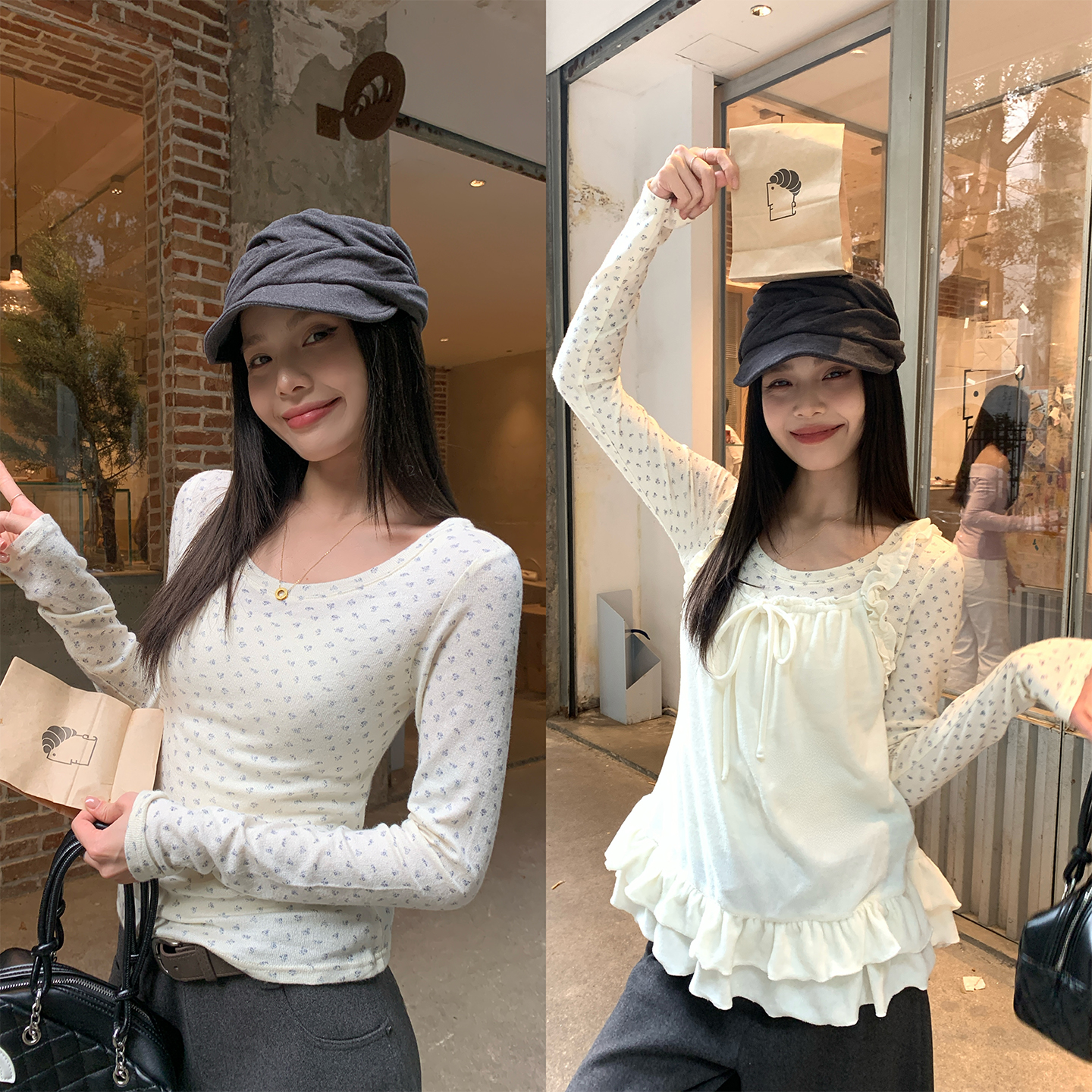 宋正恩蓝色小碎花长袖t恤上衣韩女穿搭~小碎花+花边吊带ST6031228