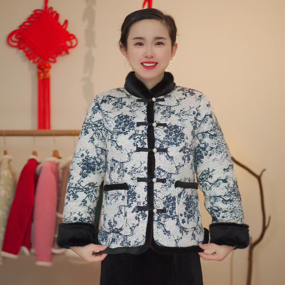 紫碎花冬季中式复古中国风正襟盘扣加绒加厚时尚保暖女棉服