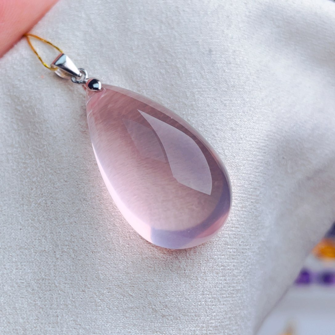 水晶珠宝半成品银S925镶嵌天然保真粉晶吊坠
