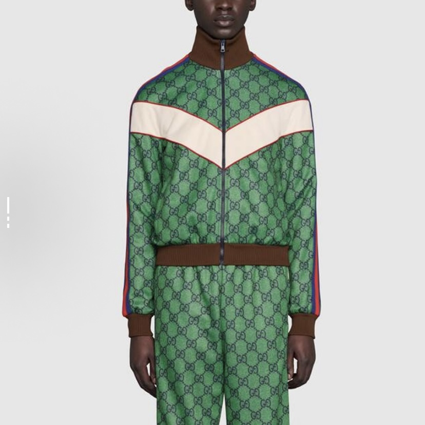 99新 GUCCI/古驰 4765/绿色饰织带双G拉链满印Logo夹克外套/L码