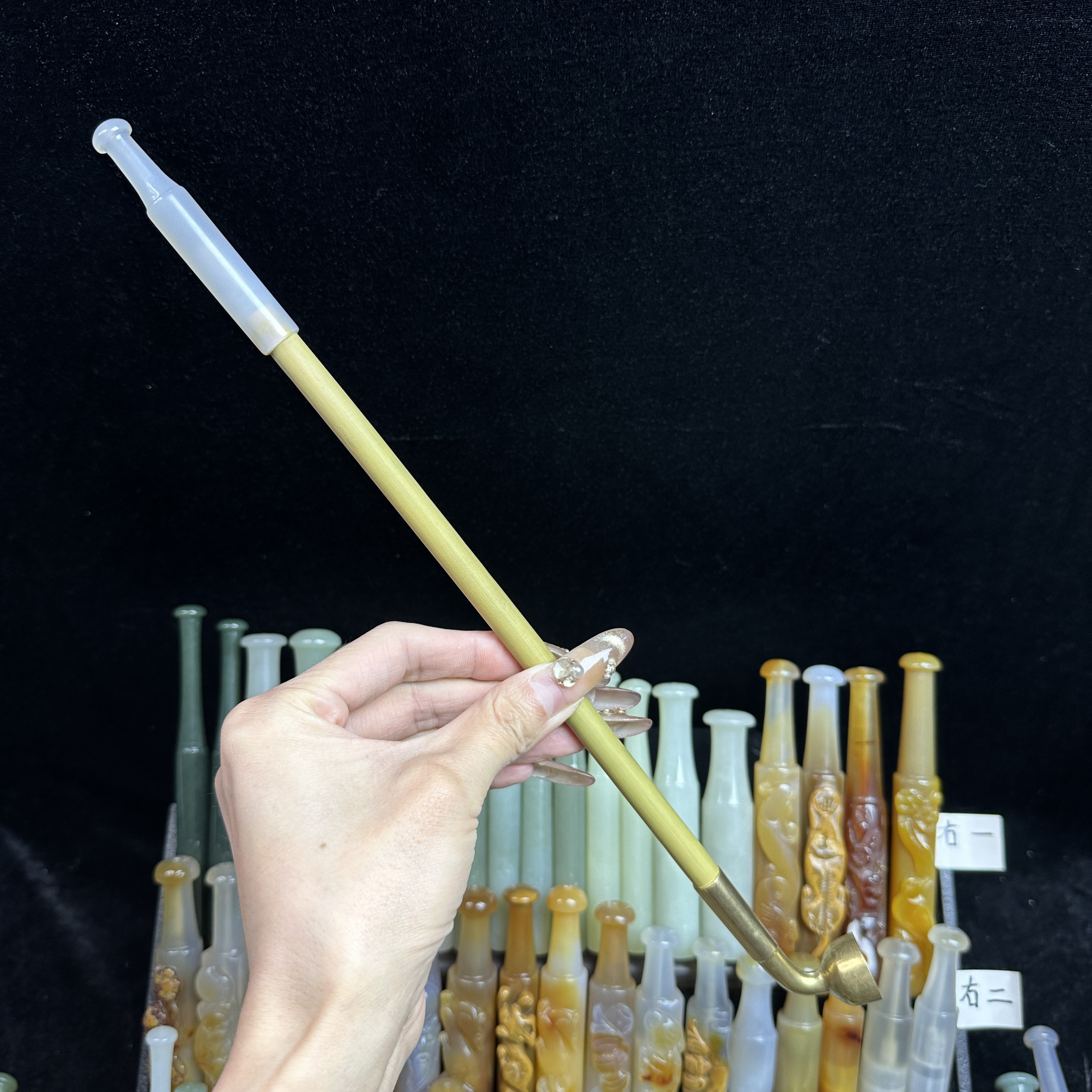 传统旱烟袋天然玛瑙手工嘴 竹子烟杆 黄铜锅头内径1.7总长35公分