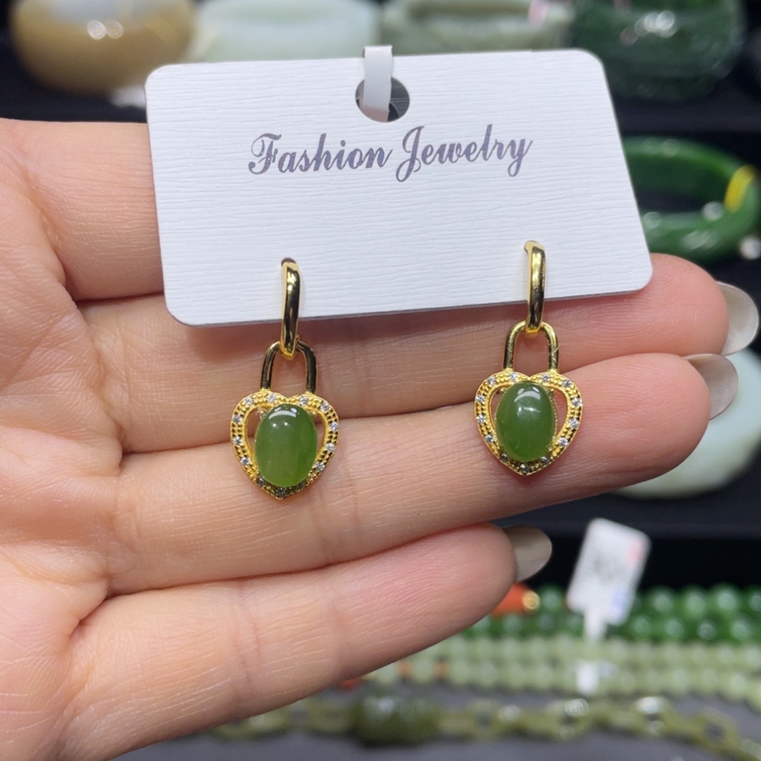 和田玉银S925镶嵌耳饰