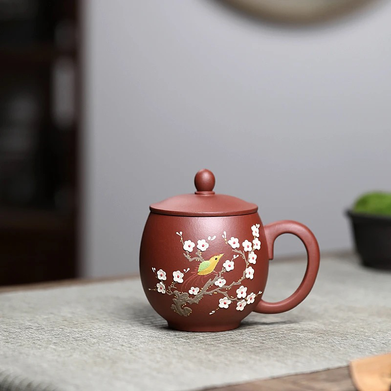 尾单雪涓宜兴原矿紫砂龙蛋堆绘喜上眉梢盖杯