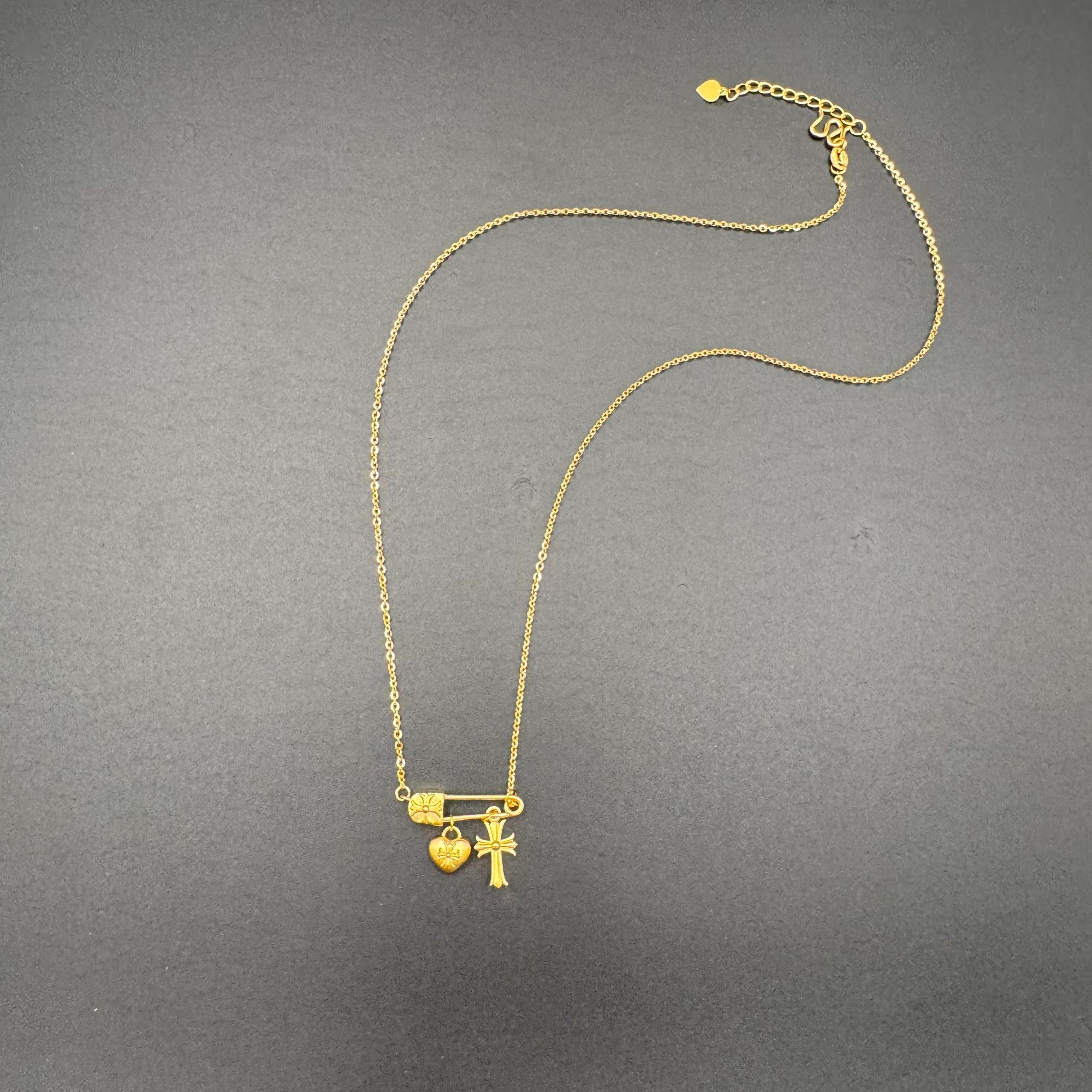 足金999心锁别针十字架黄金项链