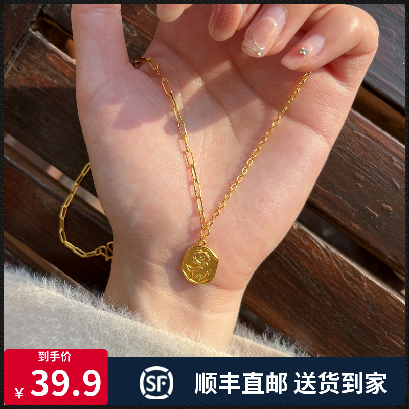 铜合金项链 玫瑰花牌项链锁骨链时尚气质百搭女士坠链轻奢双面