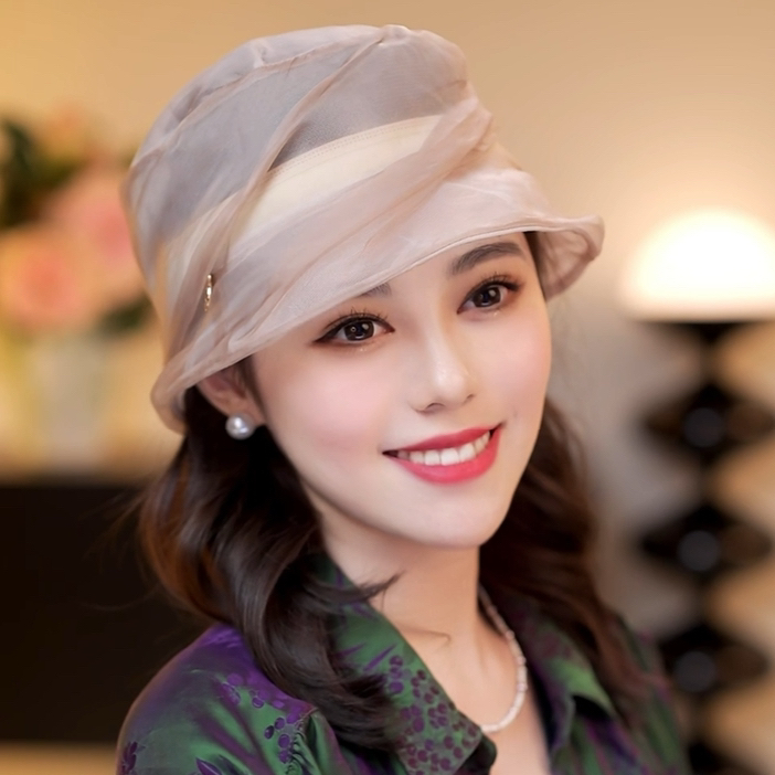 1622新中式百搭真丝桑蚕丝透气香妃帽渔帽遮白发女士帽子
