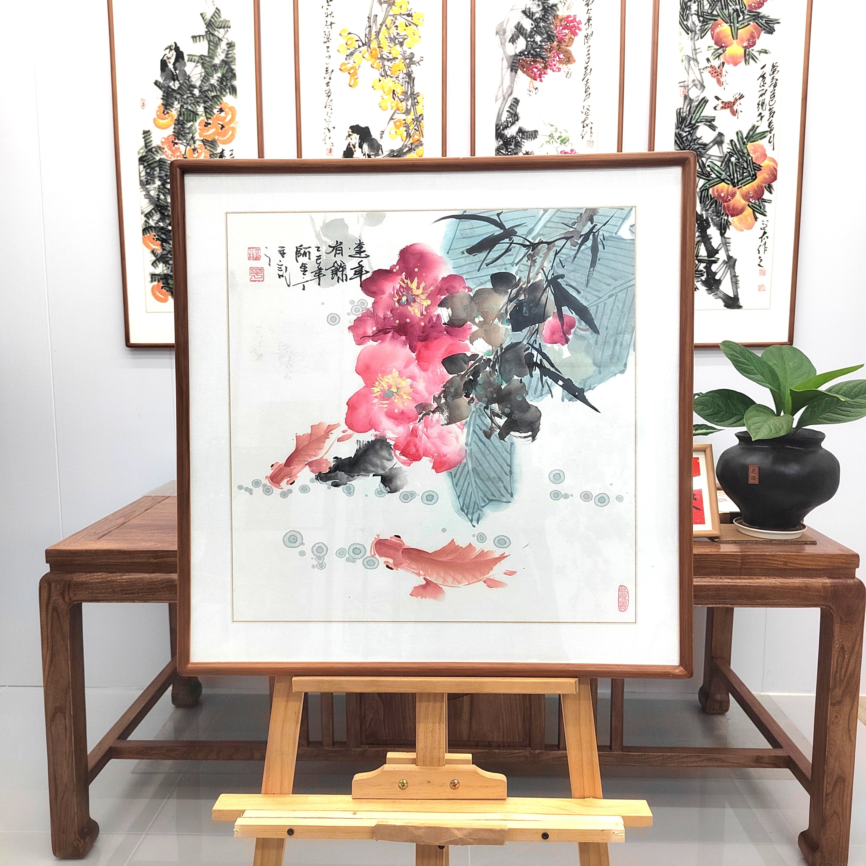 纯手绘国画牡丹鱼《连年有余》60*60cm，玄关餐厅茶室书房挂画，实拍