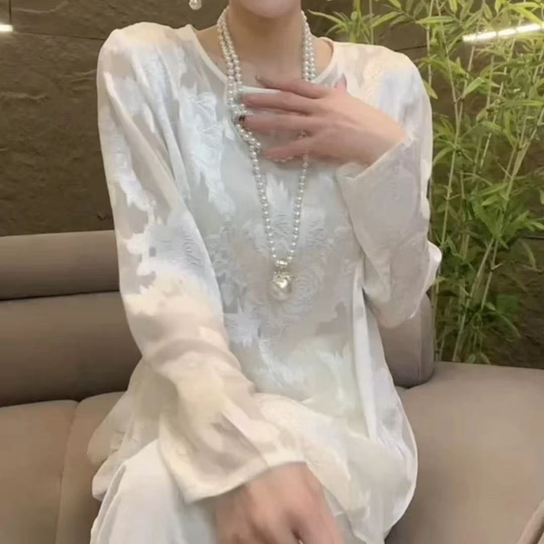 （青柠主推/剪花乔其罩衫）南油春夏新款圆领套头长袖防晒罩衫上衣