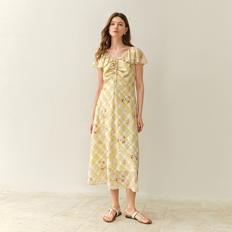 独束大码女装慵懒法式玫瑰格纹碎花连衣裙压褶显瘦裙子25DS82372