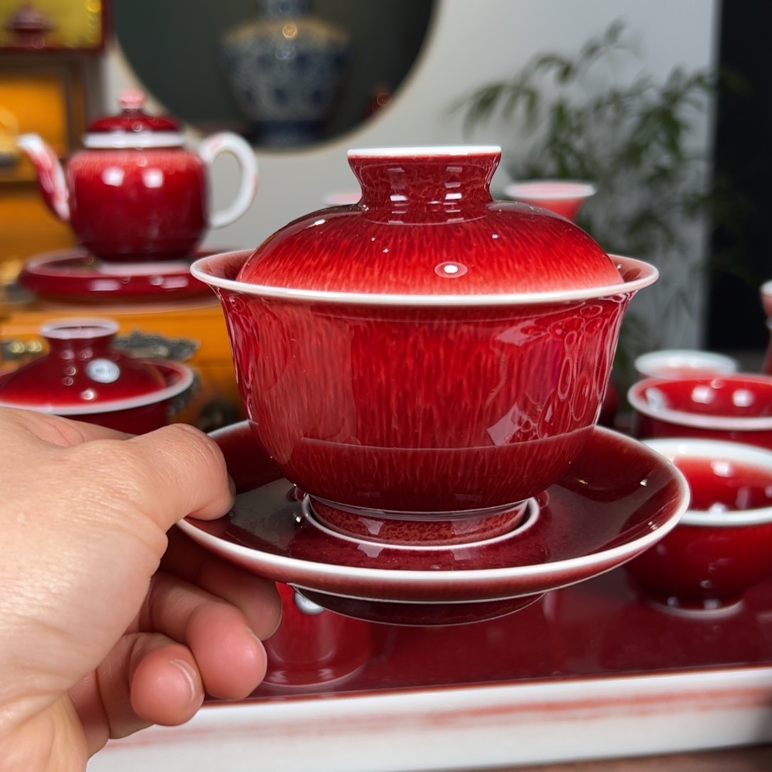 杯子景德镇原矿郎红杯盖碗