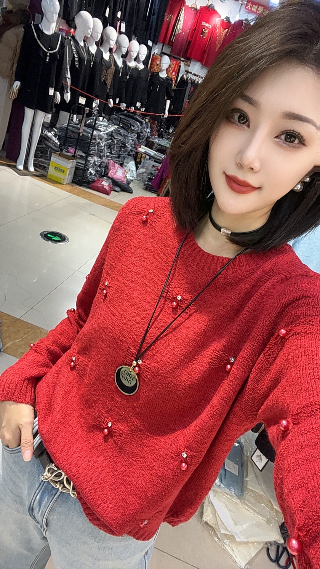 重工钉珠圆领毛衣欧货秋冬新款高级感立体蝴蝶结宽松长袖针织衫女